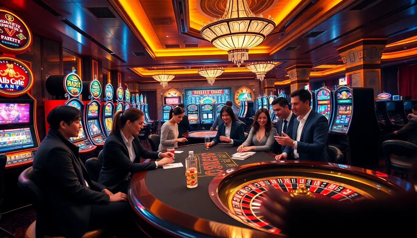 Engaging players enjoying a thrilling game session at ABCVIP casino with poker chips and slot machines.