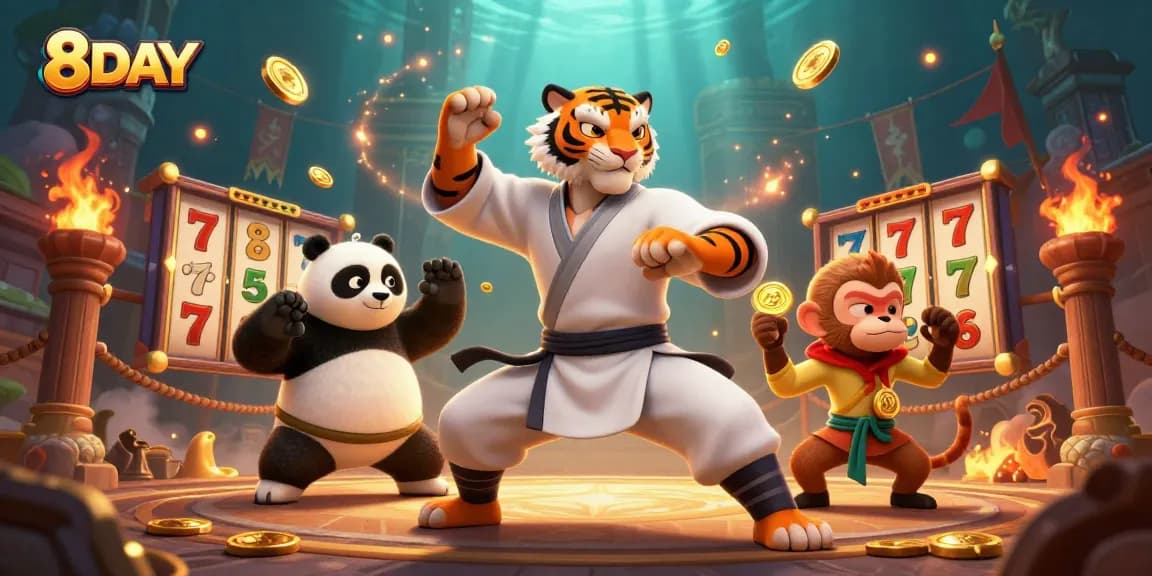 Engaging 8DAY scene with kung fu tiger, panda, and monkey in a dynamic gambling environment, showcasing thrilling slot action.
