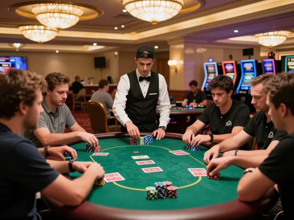 Players strategizing in a high-stakes poker game at NK88 casino, vibrant casino ambiance