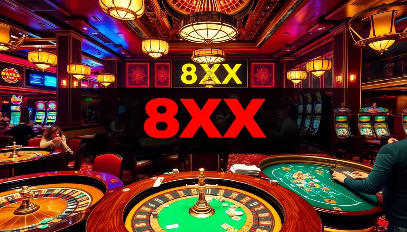 Players winning big at casino tables and slots within the vibrant 8XX gaming environment.