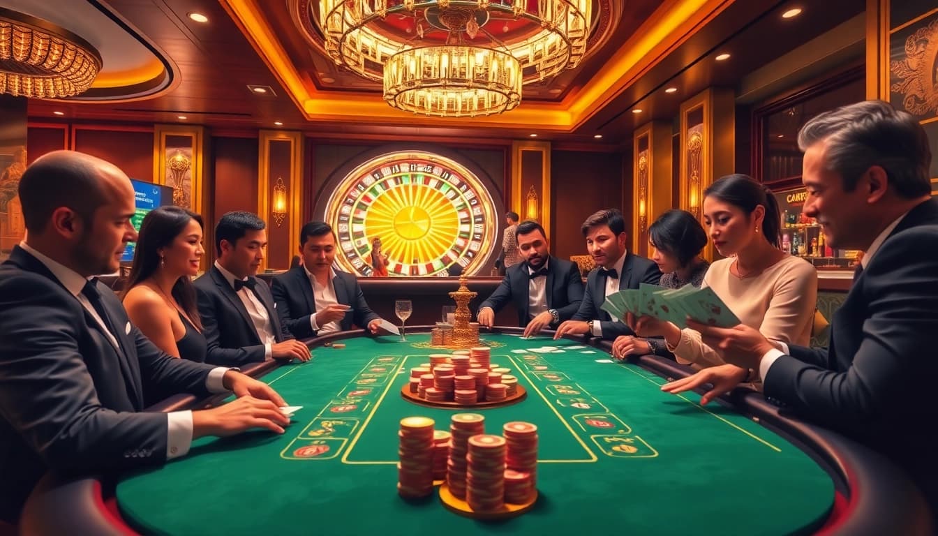 Engage in thrilling poker action at ee88e's luxurious casino, showcasing a vibrant atmosphere with chips and cards.