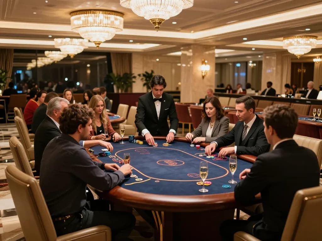 Players engaging in high-stakes poker at 888top's luxury VIP gaming area, showcasing an upscale atmosphere