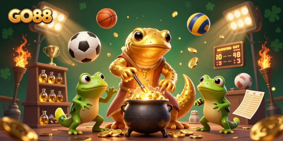 Experience the excitement of GO88 with vibrant gold coins and sports elements in a dynamic casino scene.