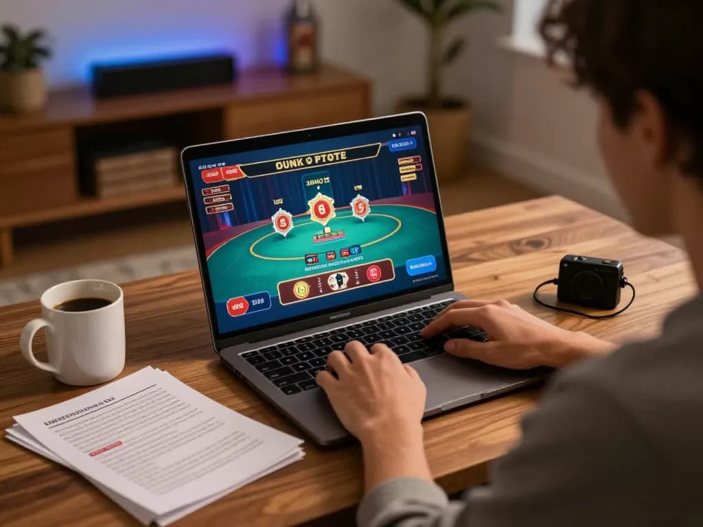 Engaging in strategic online gaming at home with bbl5555 on laptop, cozy environment.