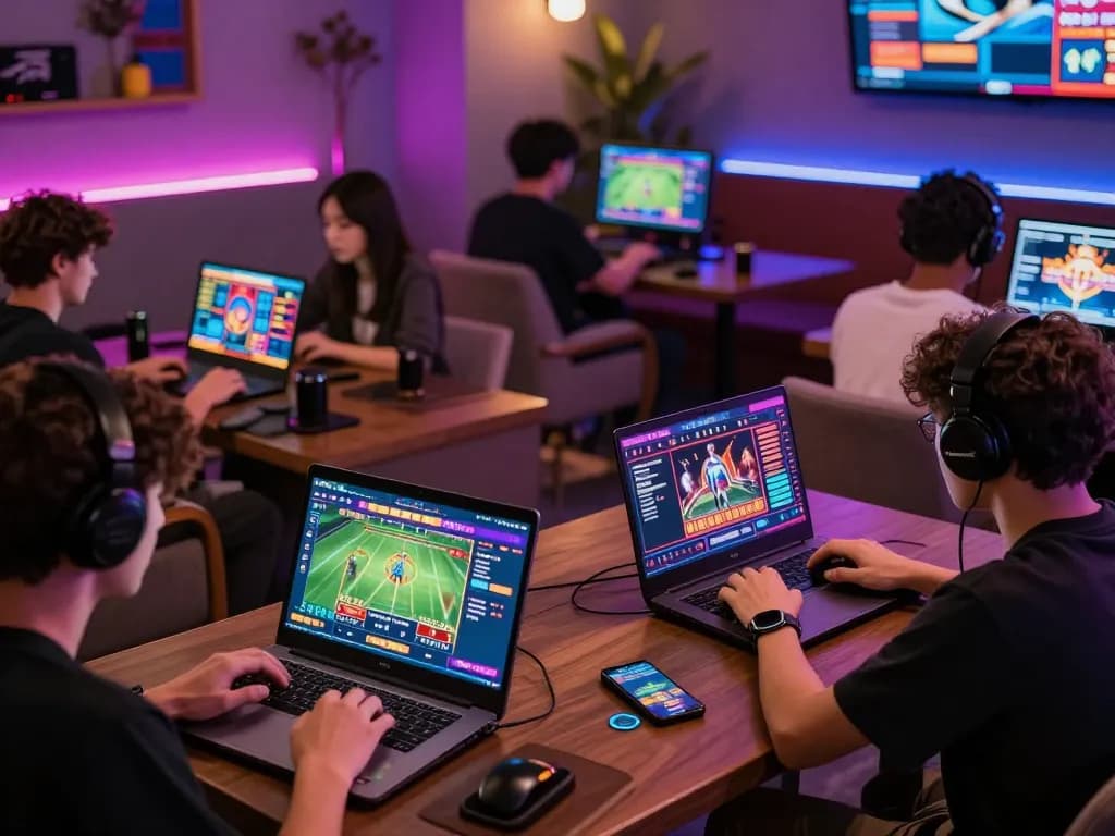 OKWIN gaming platform showcasing engaging bettors using laptops and smartphones in a vibrant virtual setting.