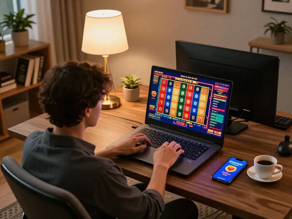 Person playing slots at home using laptop on https://tr88.golf/ with warm lighting and cozy decor.