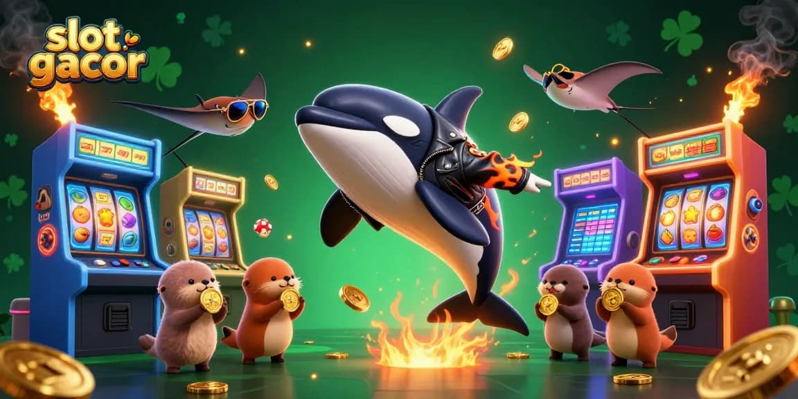 Engage with slot gacor in a vibrant scene of cartoon characters and arcade elements, bringing casino excitement alive.