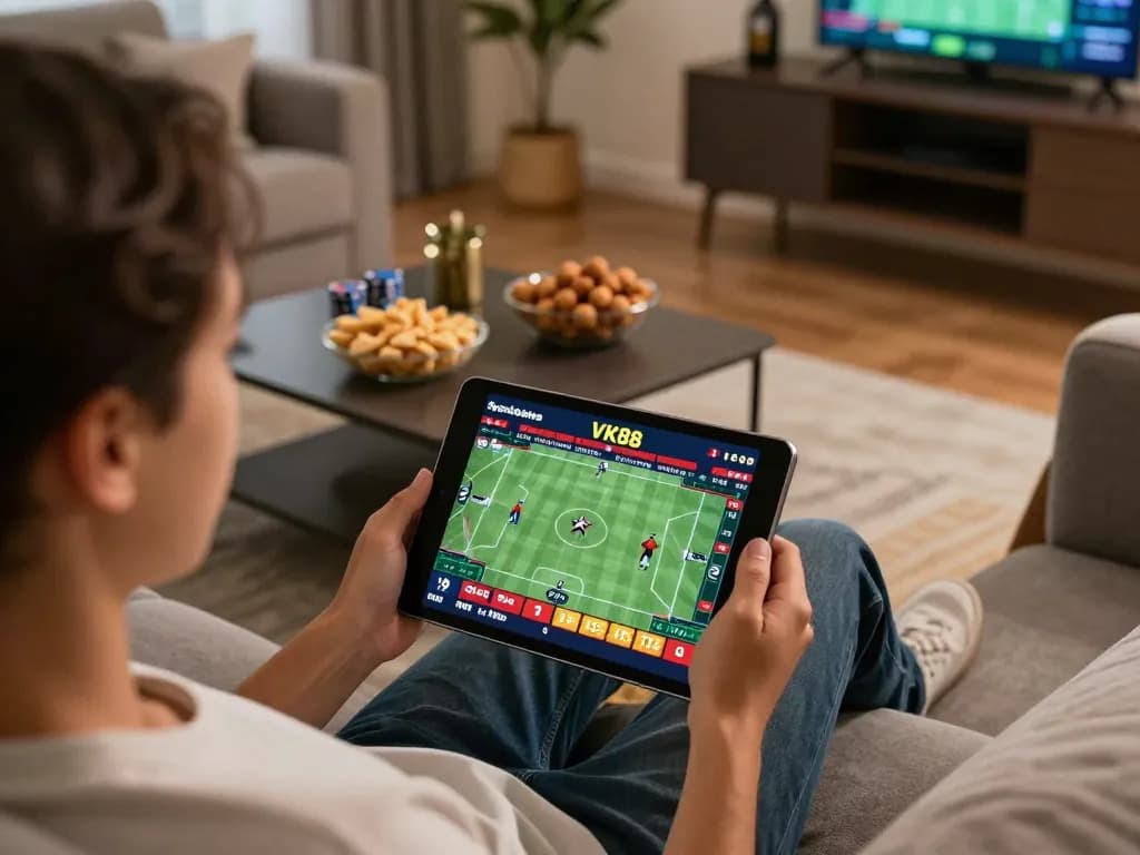 Person engaging in sports betting on VK88 using a tablet in a cozy home setup.