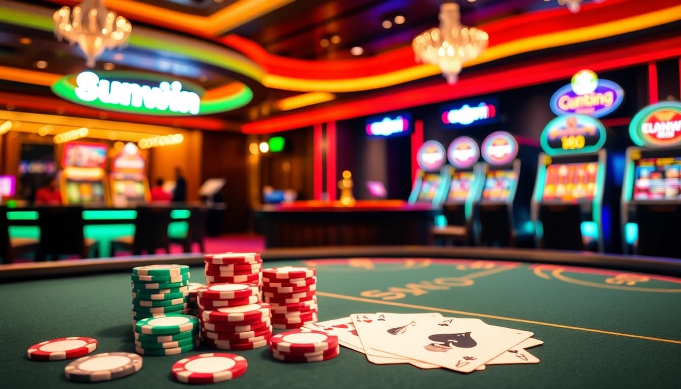 Sunwin casino scene displaying a vibrant poker table with colorful chips and elegant roulette wheel.