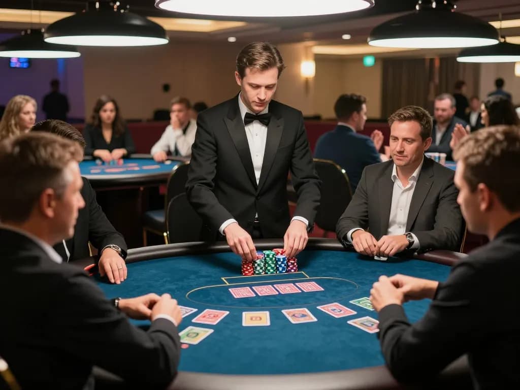 Players engaging in a thrilling f168 poker tournament, showcasing emotional reactions, strategic gameplay, and vibrant chips.