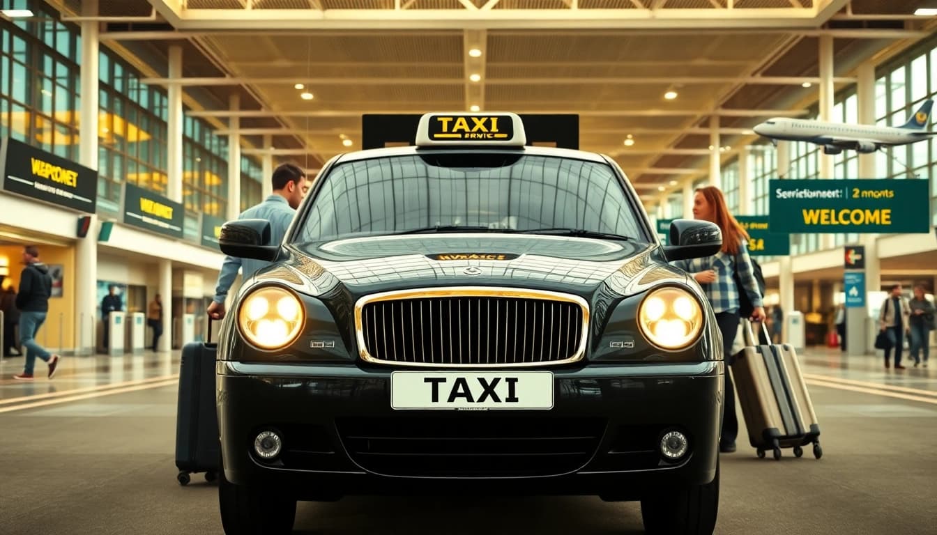 Taxi service at Gatwick Airport, showcasing a busy terminal with passengers and luggage.