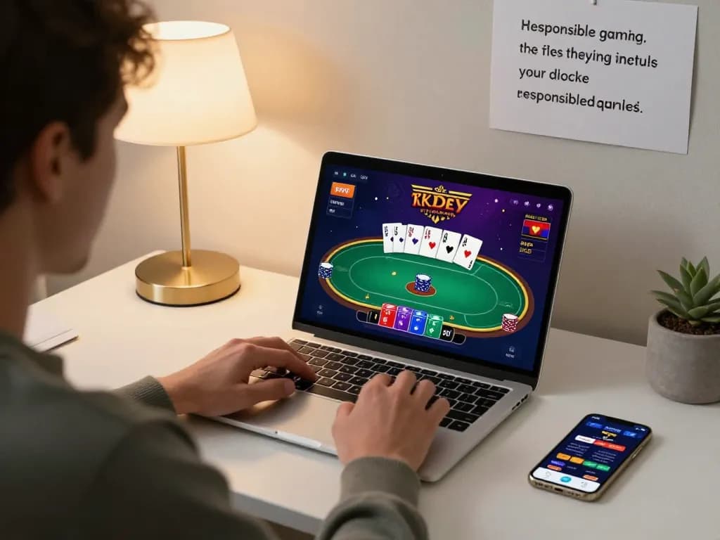 Player engaging in online MM88 casino gaming with poker interface on laptop.