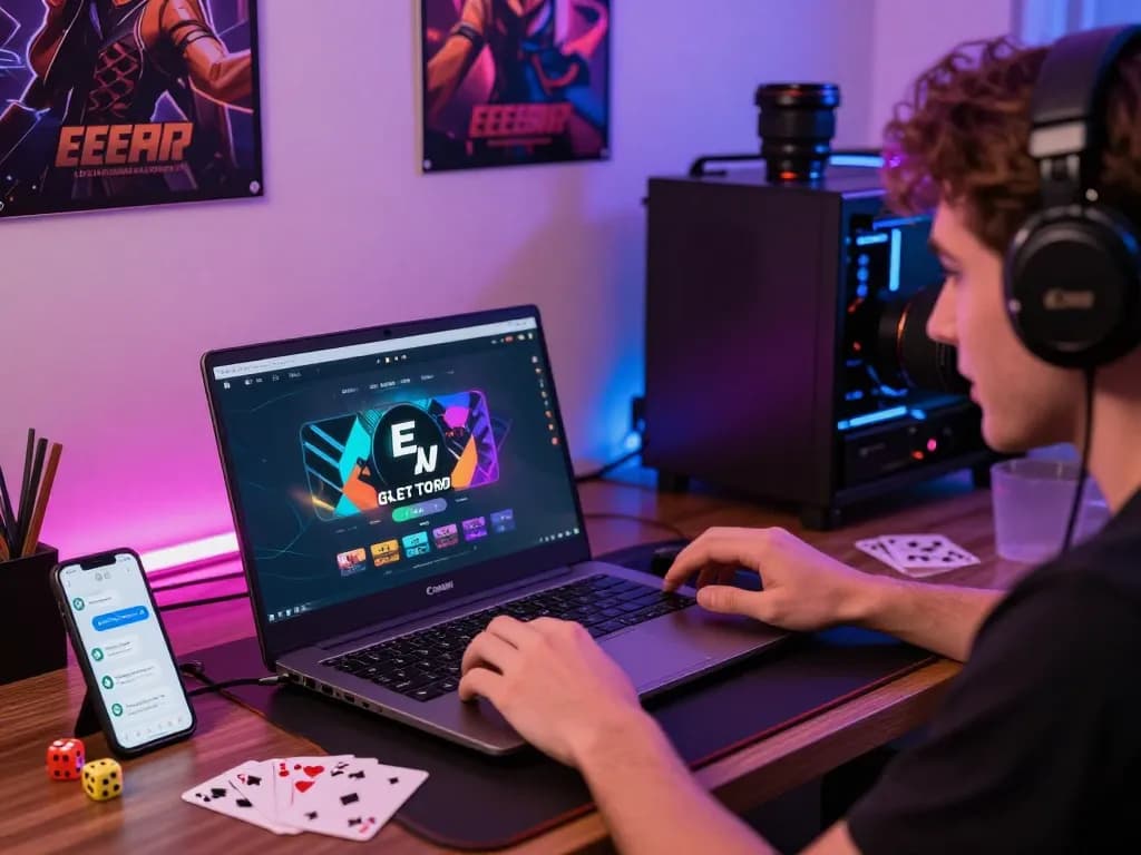 Engaged player exploring EE88 online gaming platform with colorful setup.