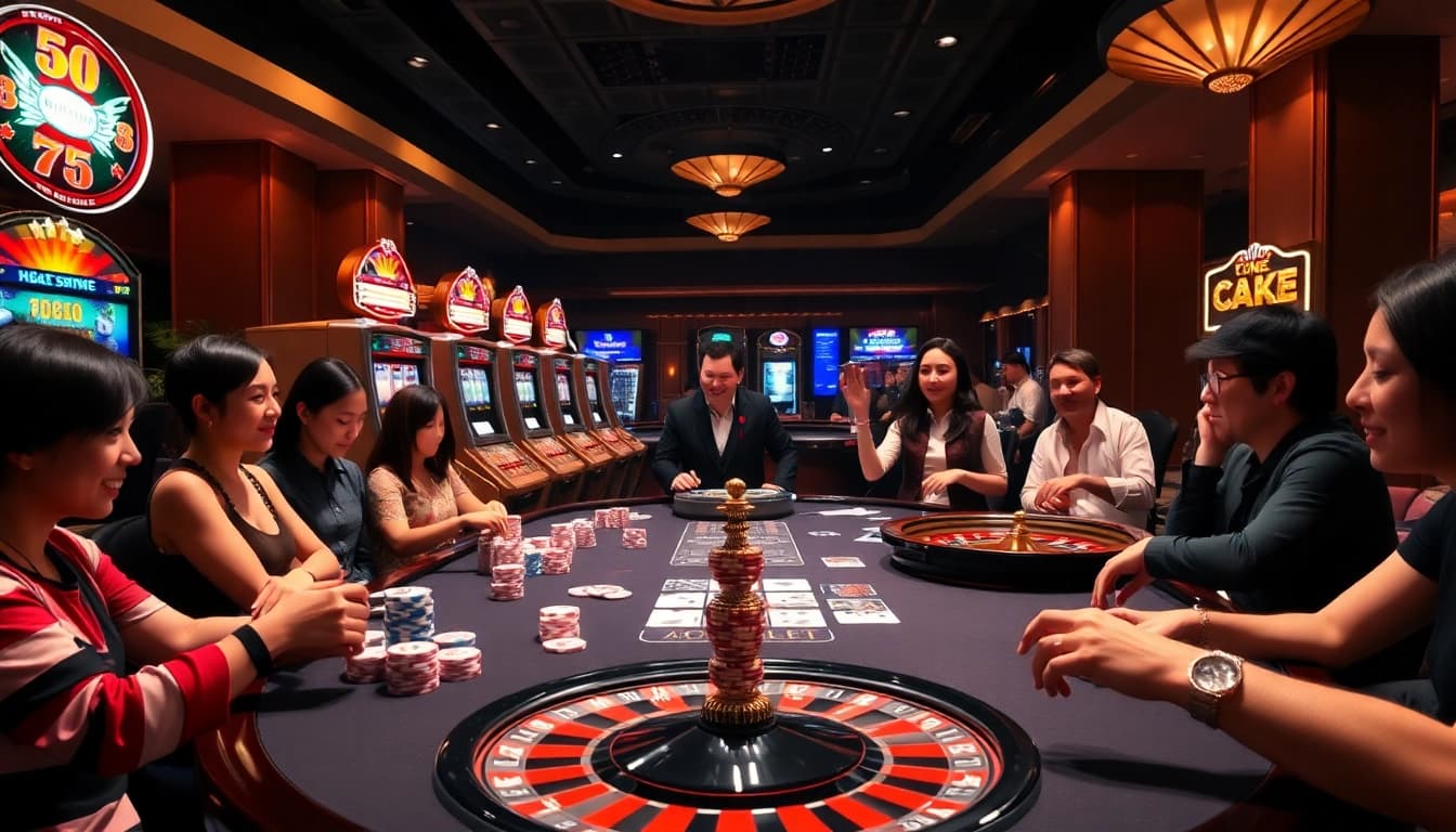 Players enjoying a thrilling game at the QQ88 casino table, surrounded by vibrant poker chips and cards.
