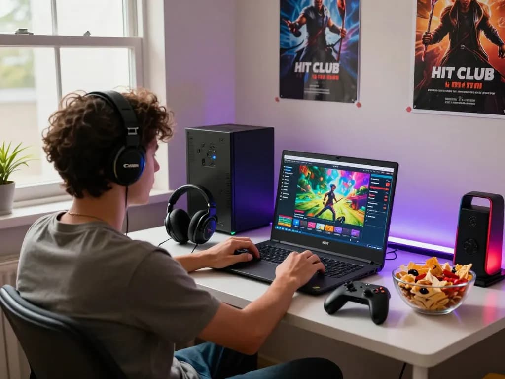 Engaged user playing on Hitclub platform with headphones and snacks.
