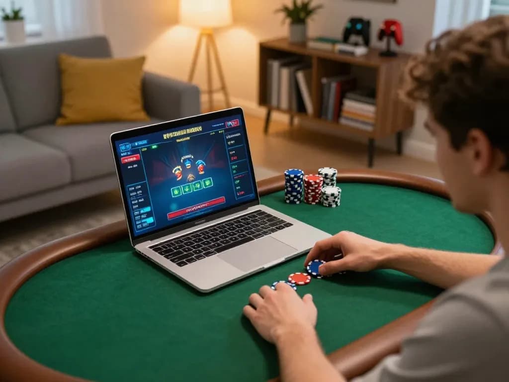 Engaging online poker gameplay with RR88 at home, showcasing strategic decisions and a cozy setup.