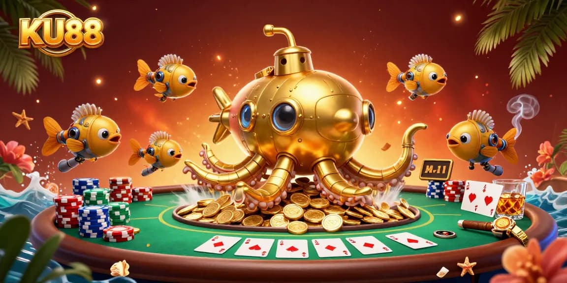 Engage in thrilling gameplay at KU88 with a dynamic 3D illustration of a kraken submarine amidst poker elements.