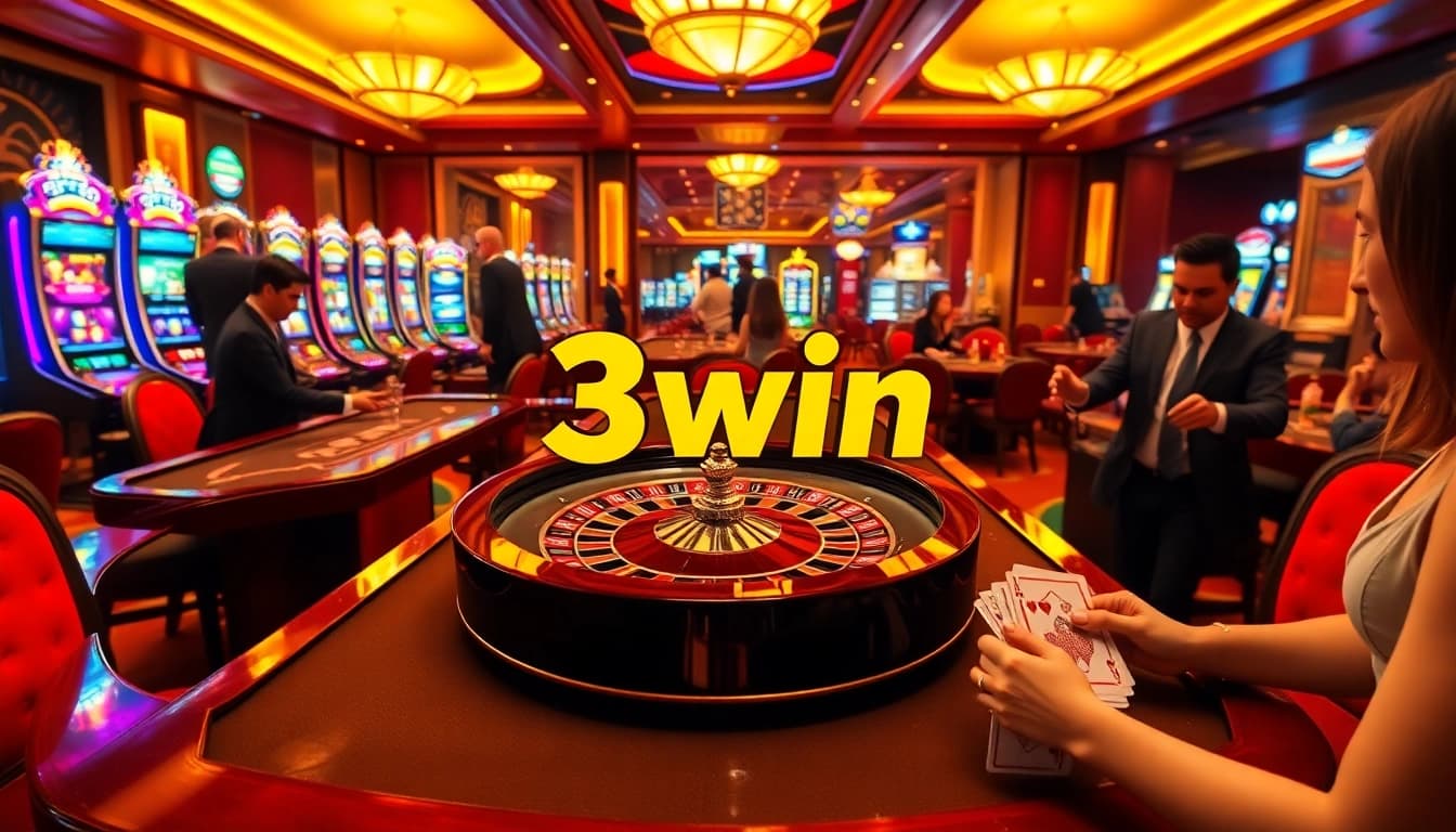 Engaging scene of gamblers enjoying the luxury and excitement at 3win casino with roulette and poker tables.