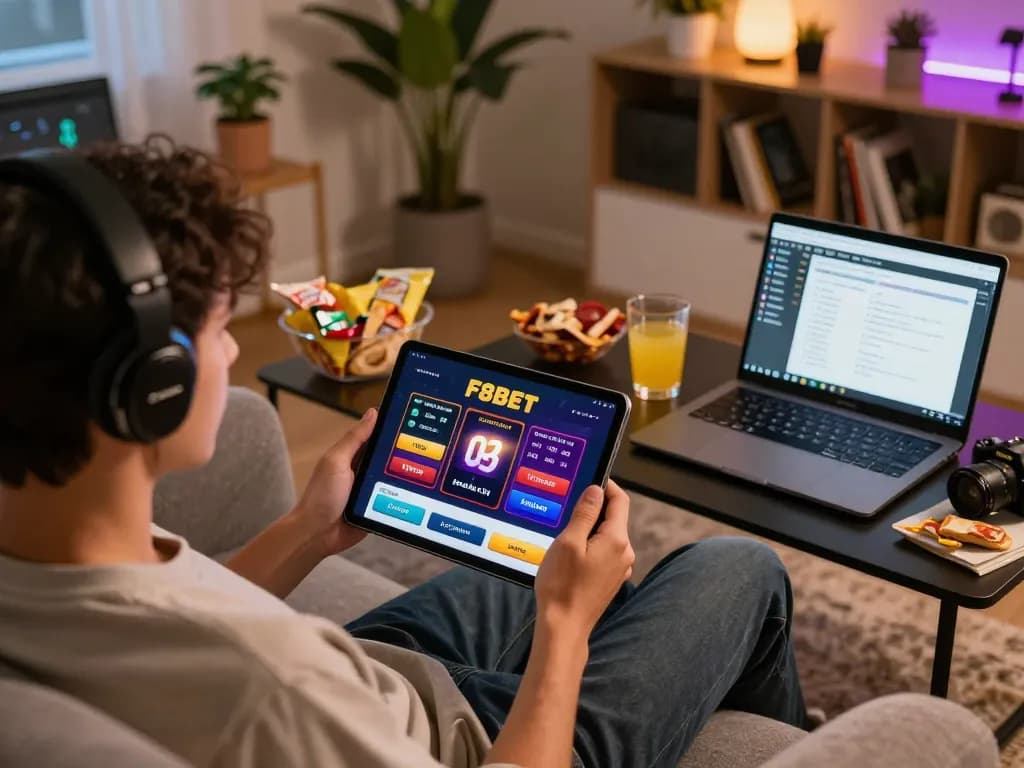 Engaging gameplay experience using the F8BET casino app on a tablet in a cozy home setting