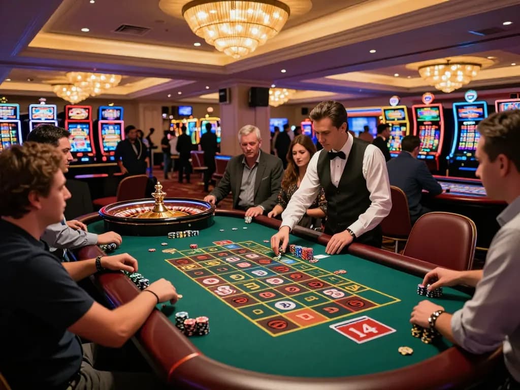 Experience the thrill of roulette at km777 Casino, with players engaged and vibrant chips in action.
