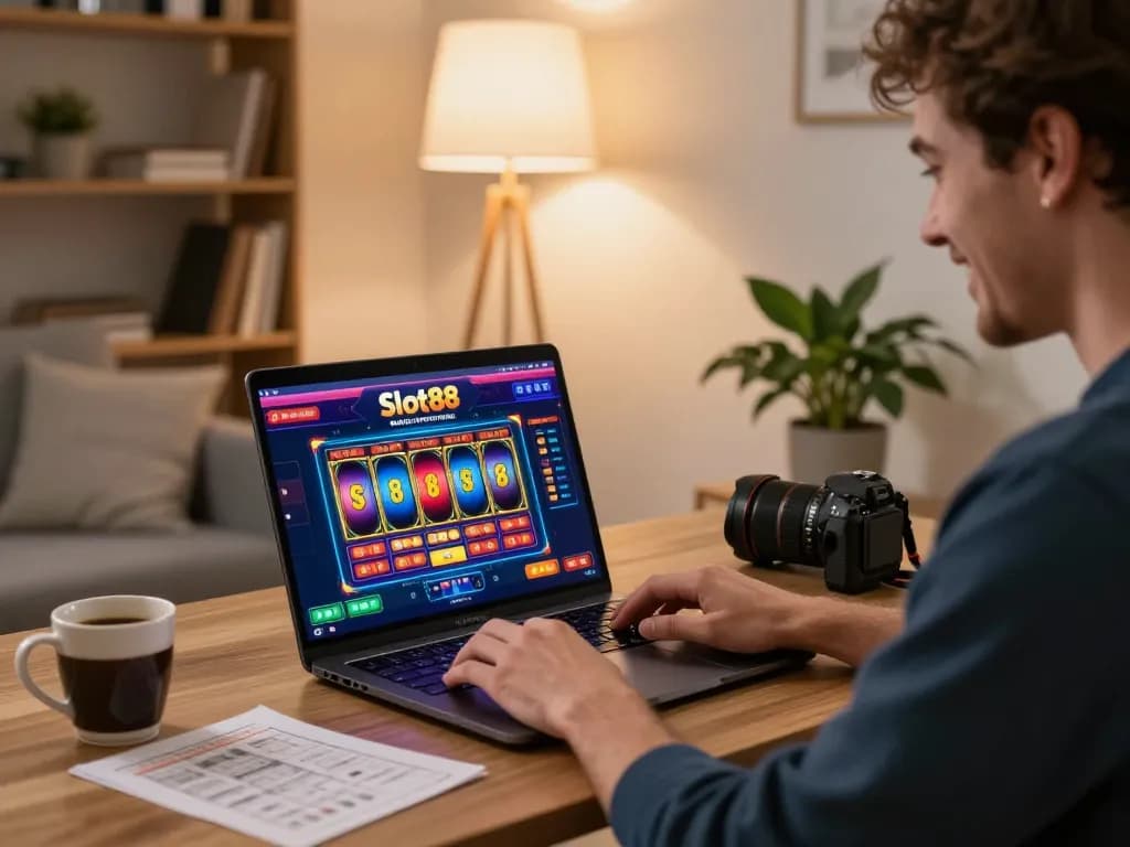 Engaging home online gaming scene featuring jaeyongkim using a laptop to play Slot88.