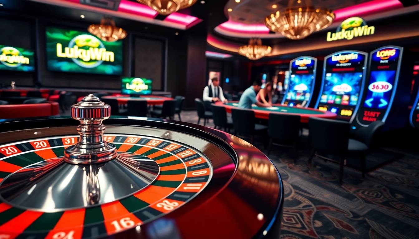 Experience the thrill of LuckyWin with players at a vibrant casino table and roulette wheel.