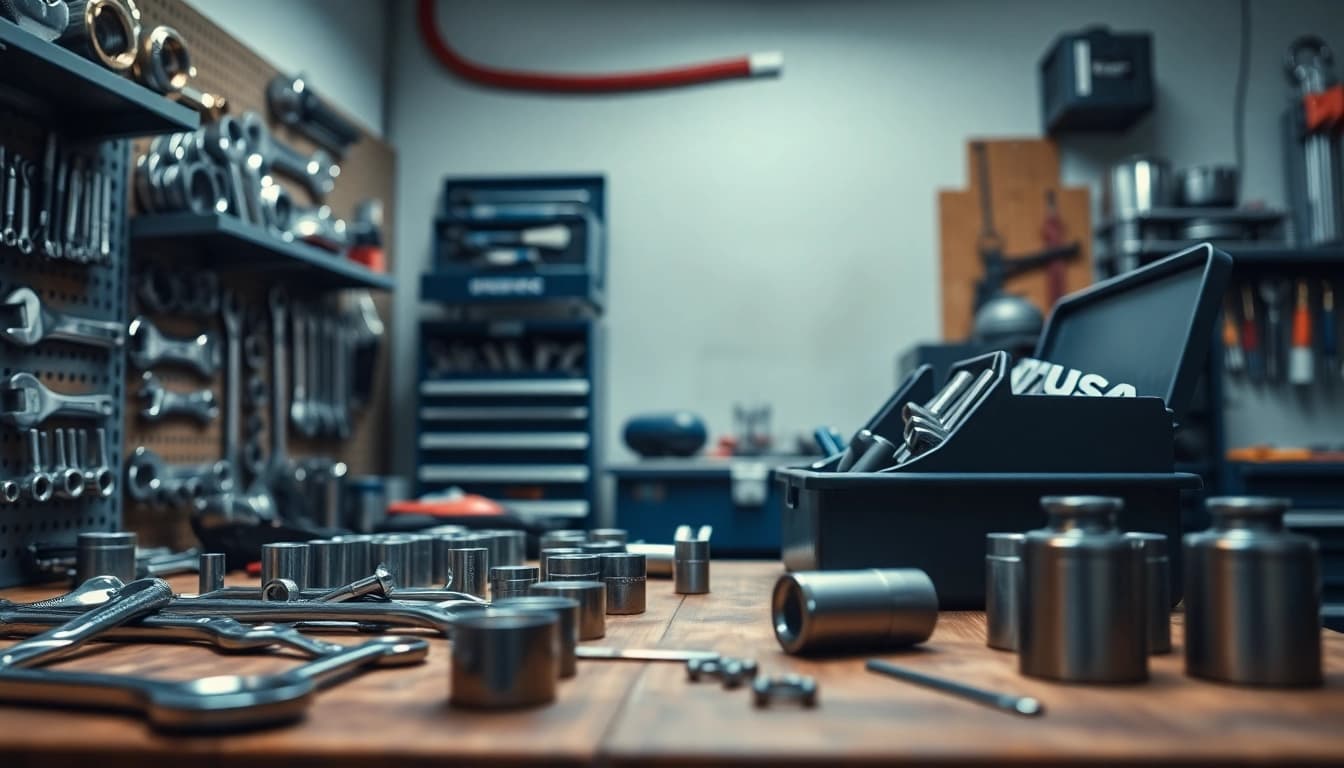 USAG tools neatly arranged on a professional workbench, showcasing quality wrenches and toolboxes.