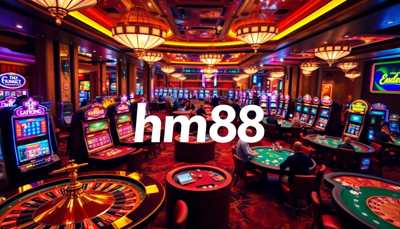 Action-packed hm88 casino scene with players engaging at roulette and poker tables.