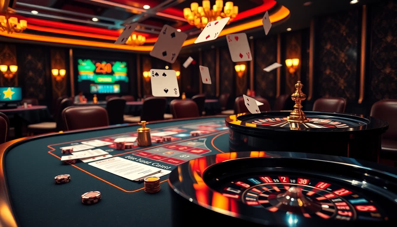 Experience the thrill of OPEN88 with vibrant casino elements, including tables, chips, and dice.