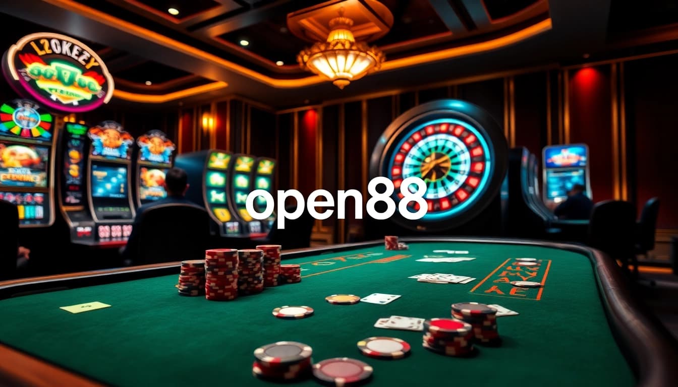 Experience thrilling games at open88 with poker tables and vibrant slot machines in a luxurious casino.