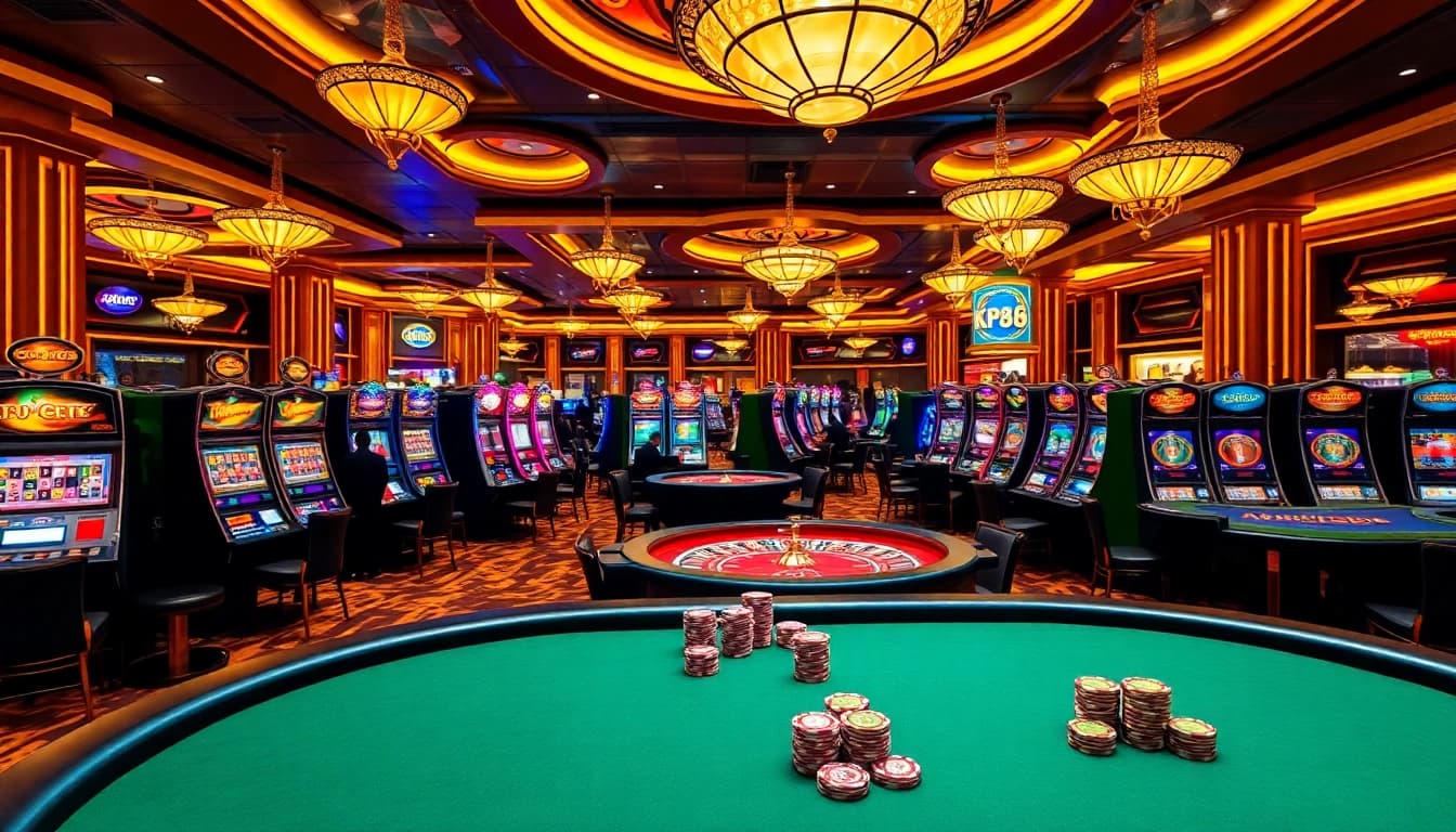 Experience a thrilling gaming atmosphere at KP88 with vibrant slot machines and poker tables.