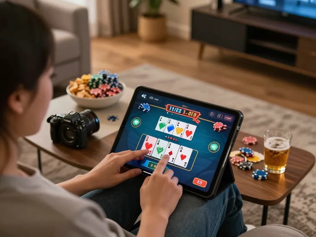 888NEW player enjoying online poker in a cozy living room with snacks and tablet.
