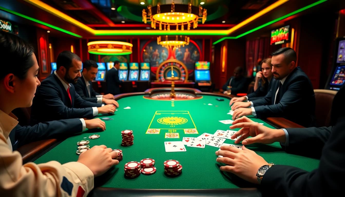 u888 poker players engaged in a thrilling high-stakes game at a luxurious casino table.