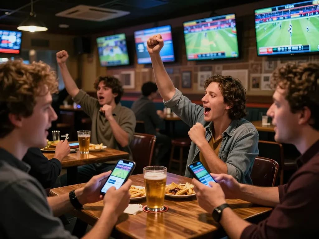 Excited patrons analyzing kèo nhà cái while cheering for their teams in a vibrant sports betting atmosphere