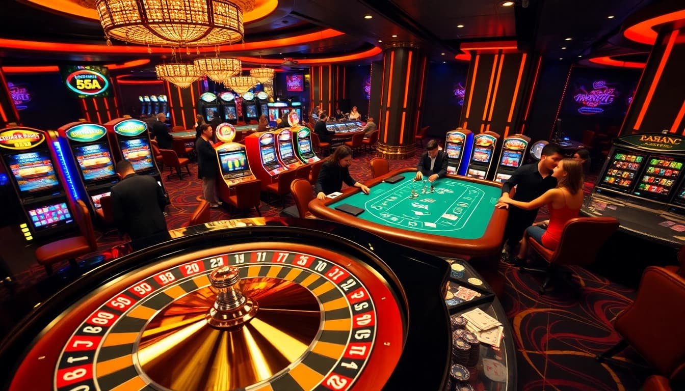 Players enjoying a thrilling game night at 65A Casino with roulette and poker tables.