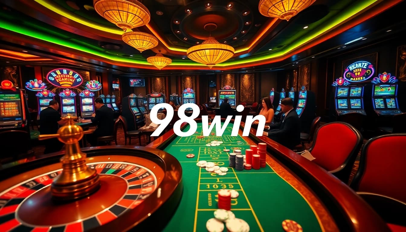 Engaging scene of players enjoying games at an upscale casino showcasing 98win roulette and poker tables.