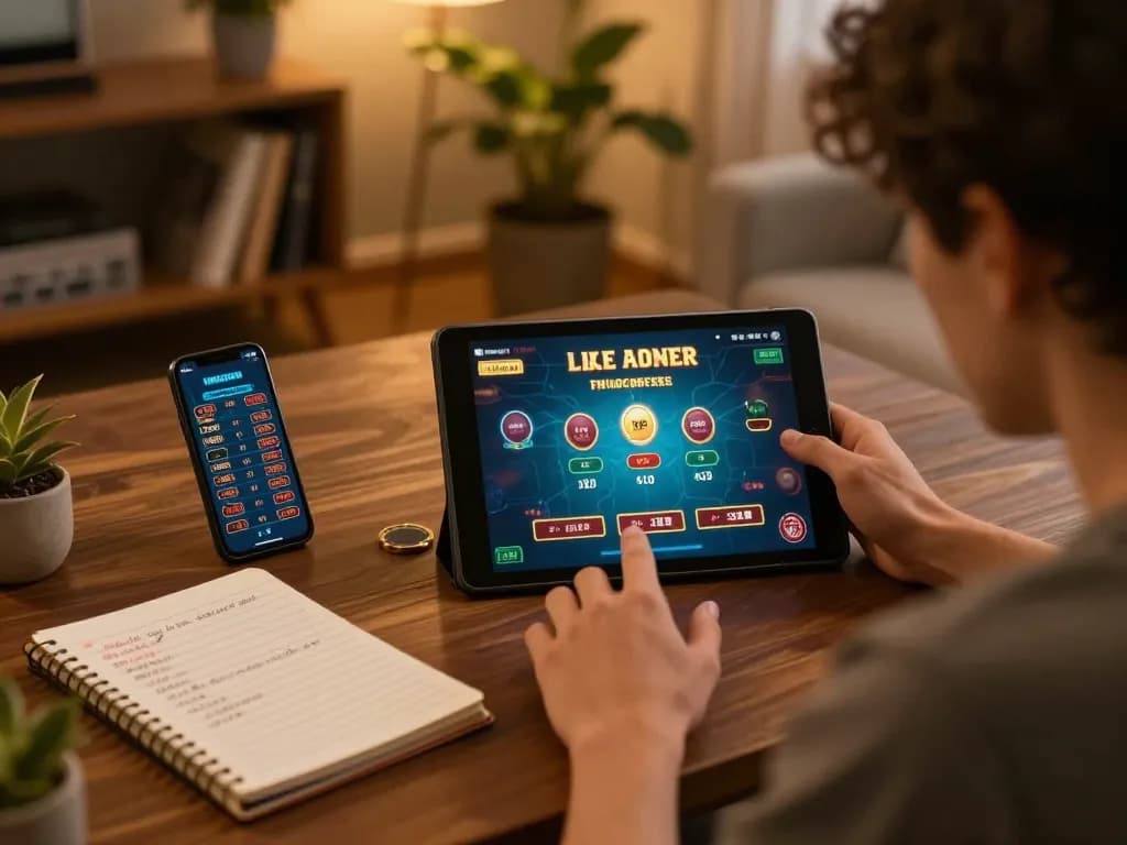 Person playing NK88 live dealer games on a tablet in a cozy home, capturing the excitement of online gambling.