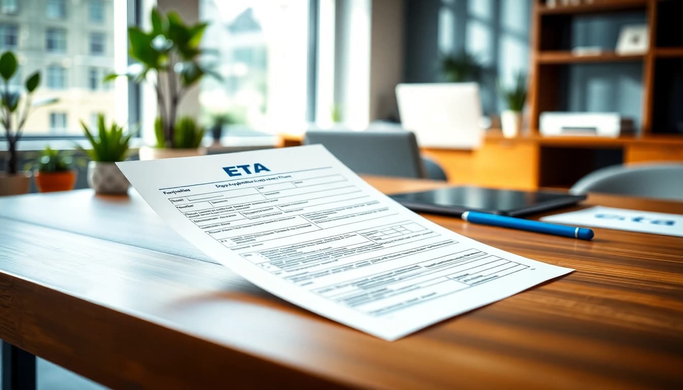 Fill out the eta uk application form on a modern office desk with a laptop.