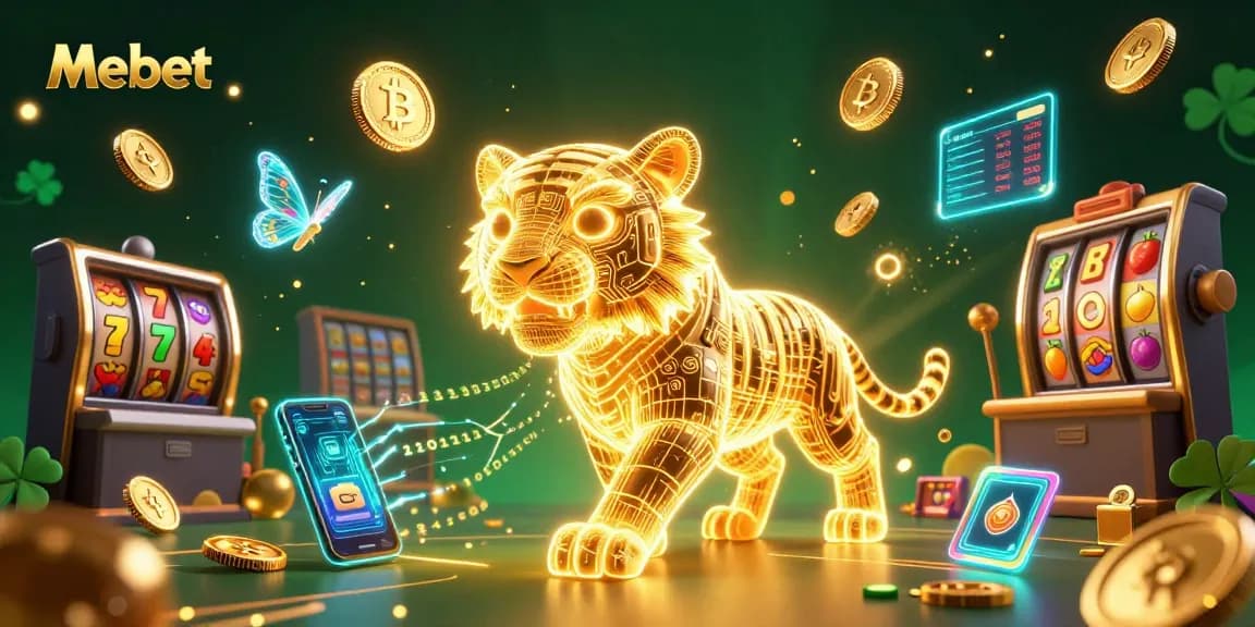 Engage in thrilling gameplay features of Mebet, featuring a golden tiger and vibrant casino elements.