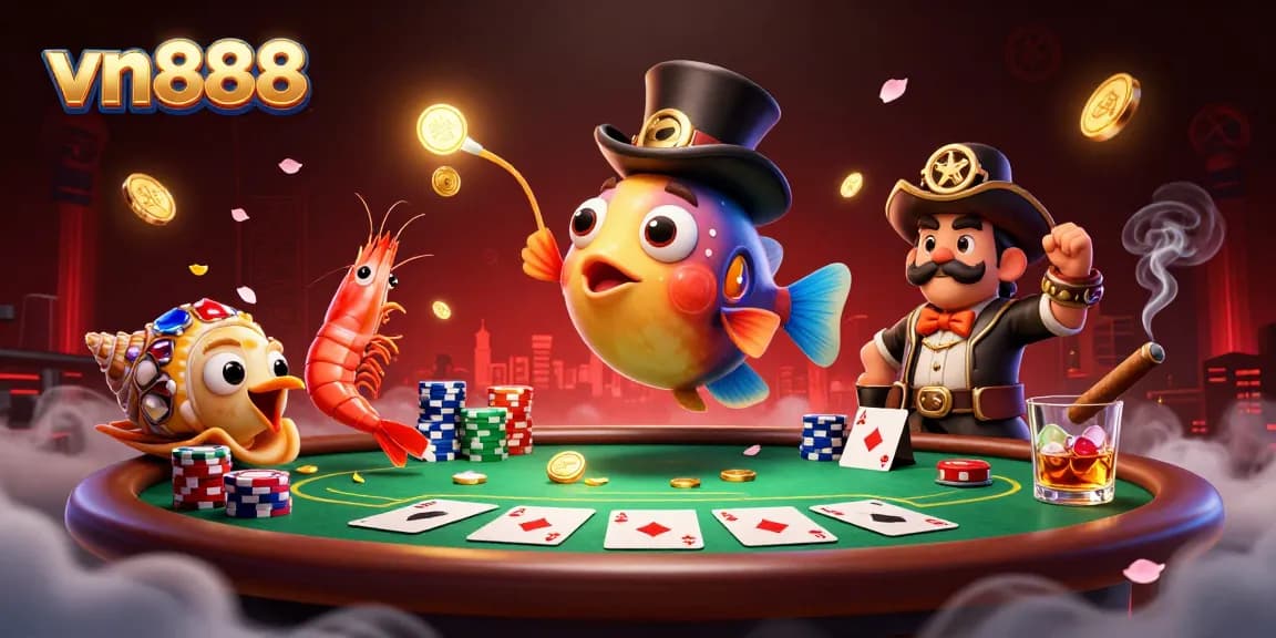 Spin the reels and win coins with vn888, featuring an anglerfish, shrimp, and sea snail in a vibrant casino scene.
