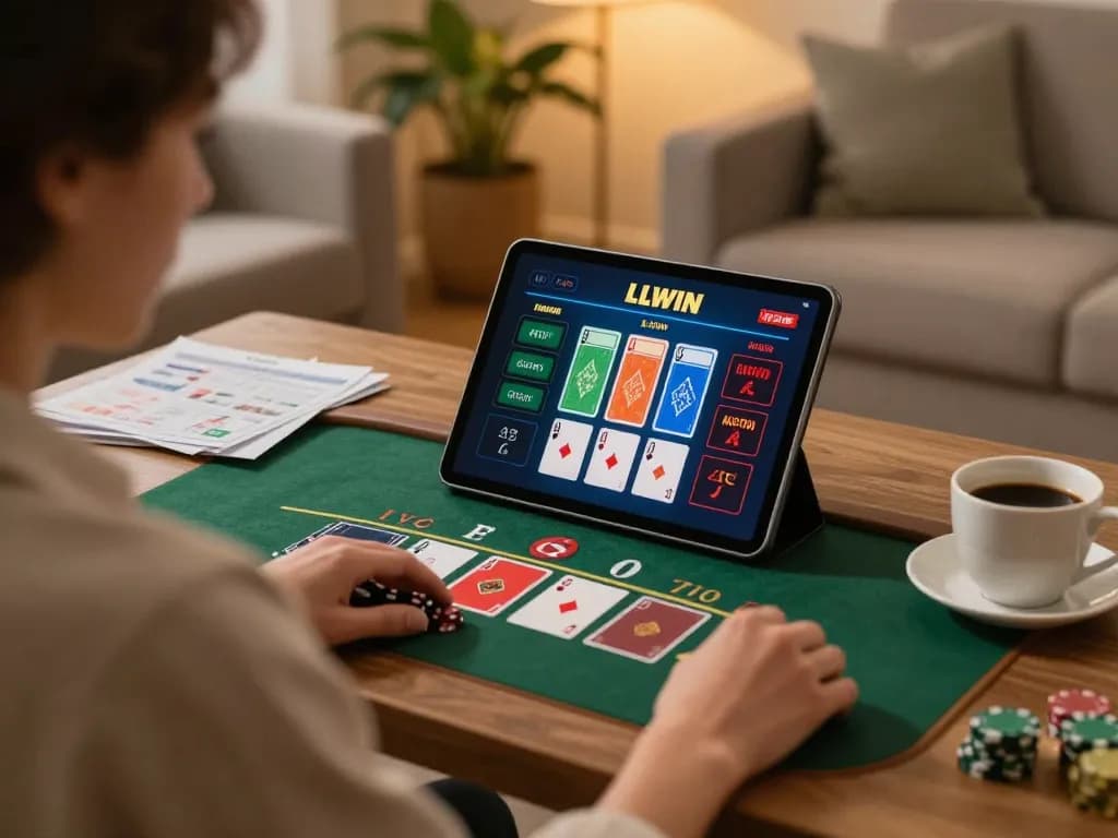 Player enjoying LLWIN live dealer blackjack on tablet, cozy home setting.