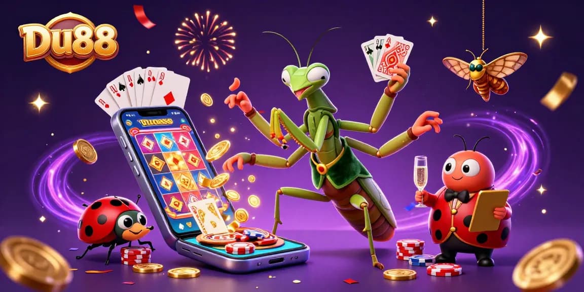 Experience excitement at Du88 while a giant praying mantis deals cards and chips in a lively casino scene.