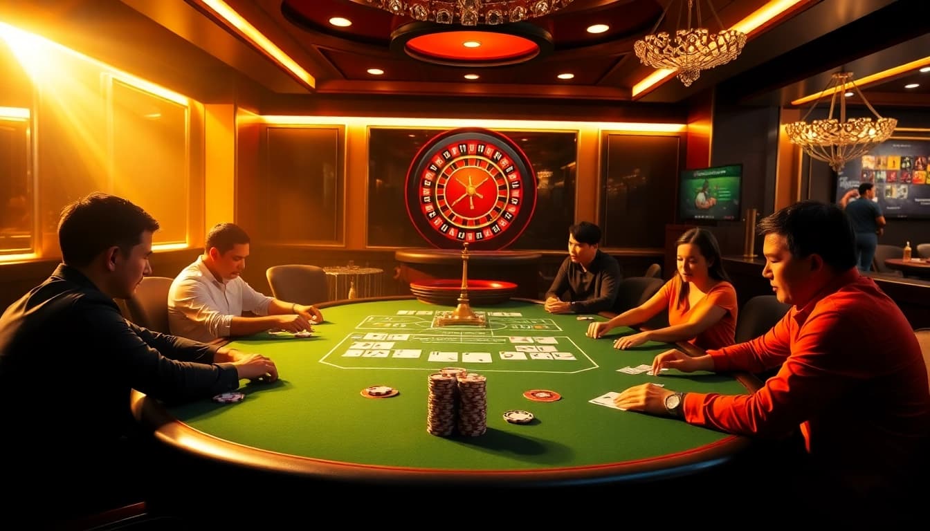 Players engaged in a thrilling poker game at https://88new.autos/ with luxurious casino ambiance.