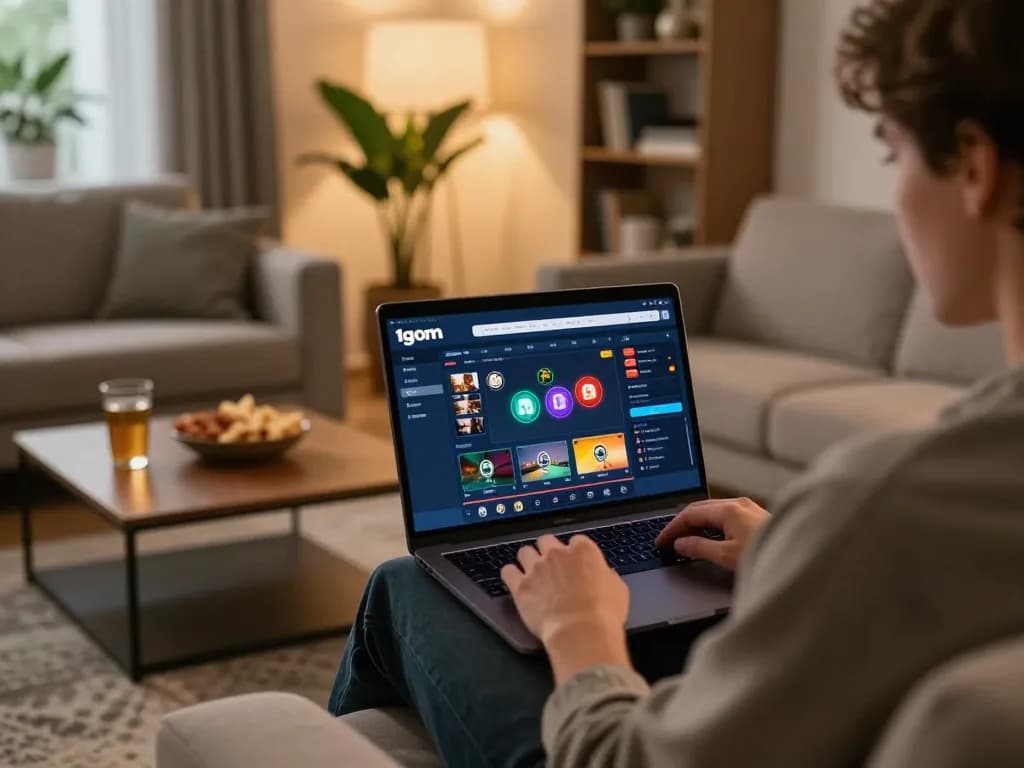 Engaging scene of a user interacting with 1gom's online betting platform in a cozy living room.