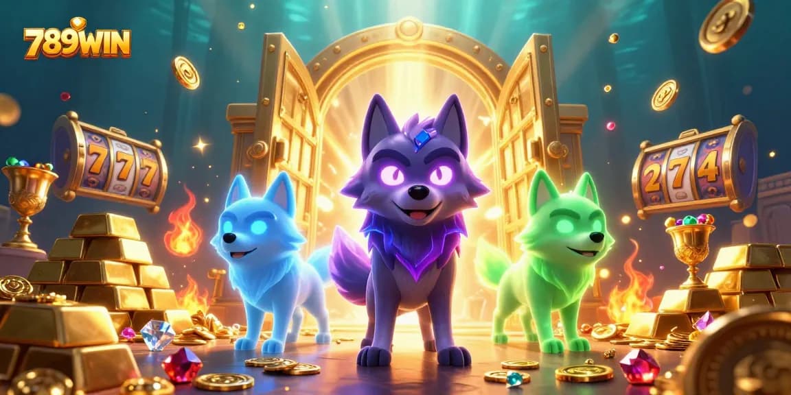 Experience the thrill with 789WIN's dazzling casino scene featuring enchanting wolves.