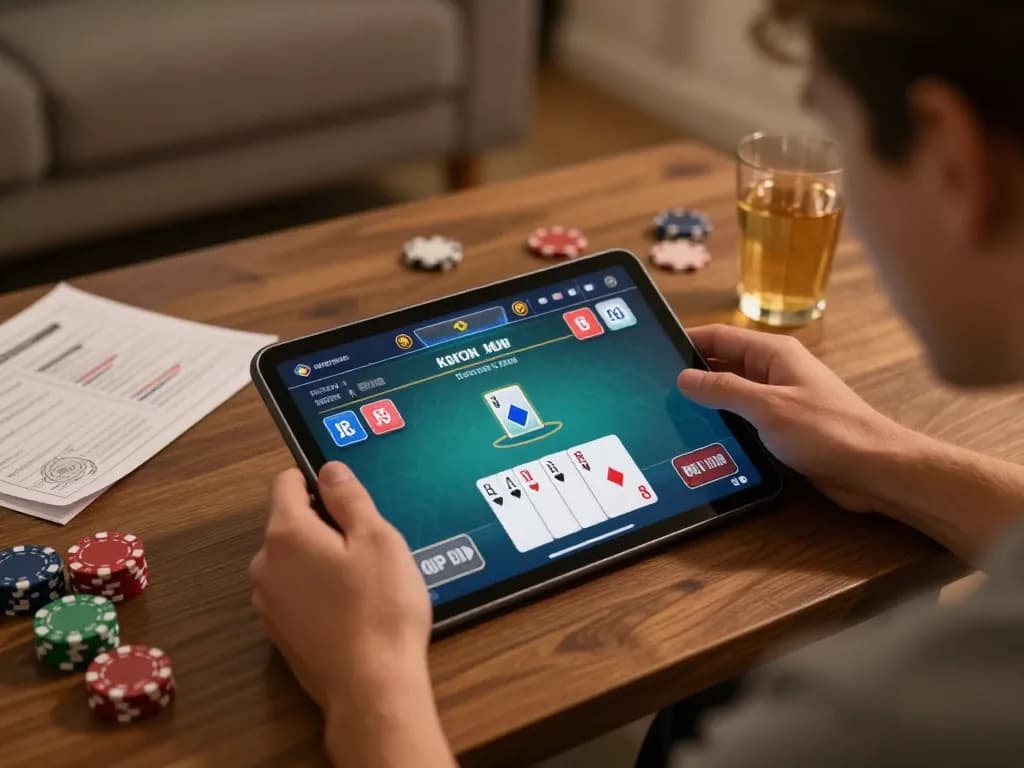 AX88 player strategizing their poker game on tablet, showcasing a cozy online gambling environment