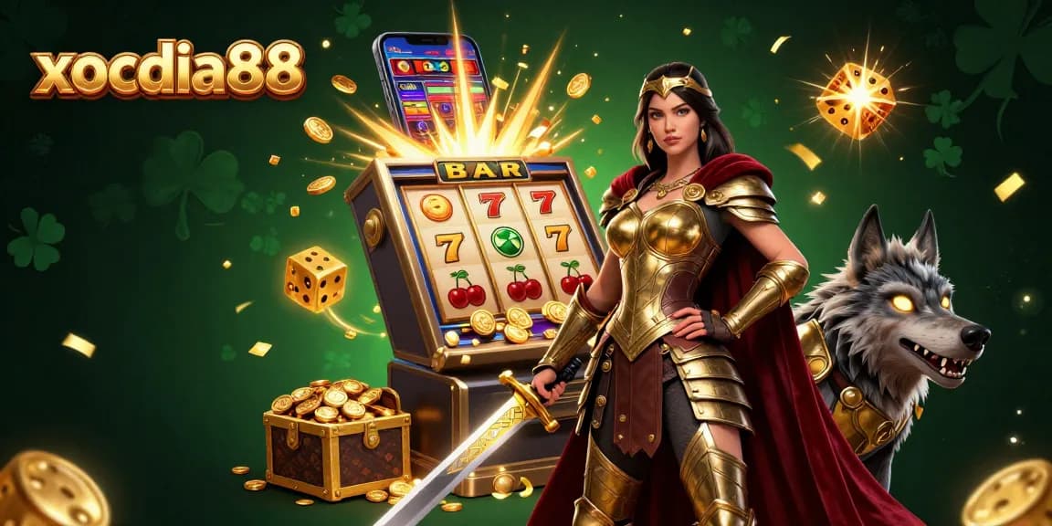 Xocdia88 offers an exciting experience with a vibrant casino scene filled with winning symbols and dynamic game elements.