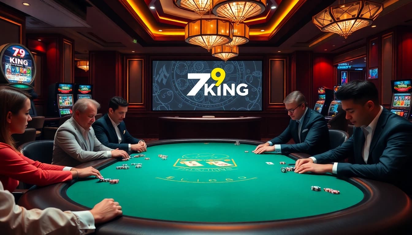 Players engaged at a poker table in a professional casino scene showcasing 79KING's logo and gaming excitement.