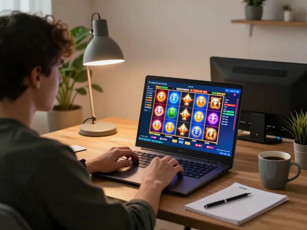 Engaging player spinning reels at tg88 online casino on laptop, capturing vibrant gaming atmosphere.
