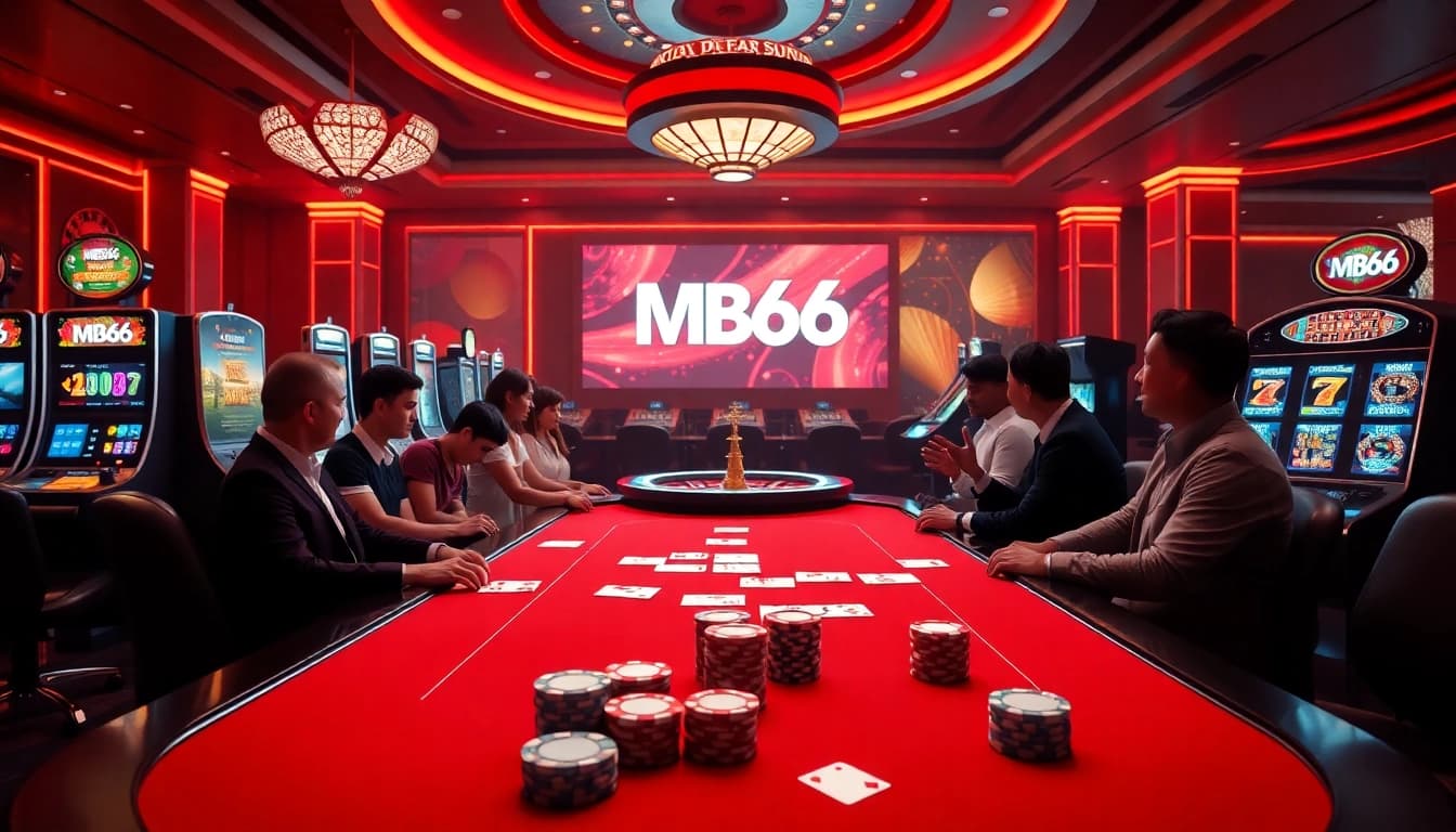 Engaging casino scene featuring gaming tables and slot machines at https://mb66-t.com/, showcasing excitement in online gambling.